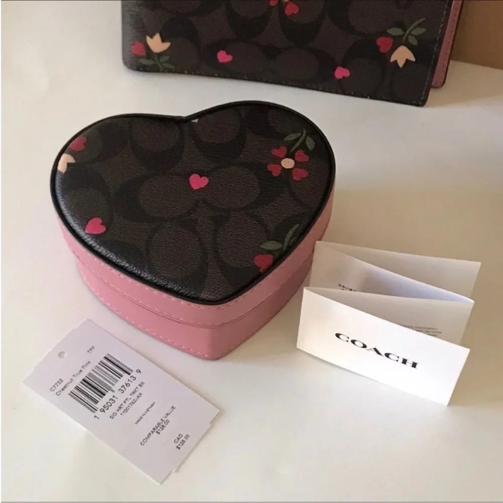 Coach Pink Leather Heart Jewelry Box Signature Canvas Heart Petal Print